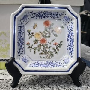 Floral Square Ceramic Dish with Blue Accents